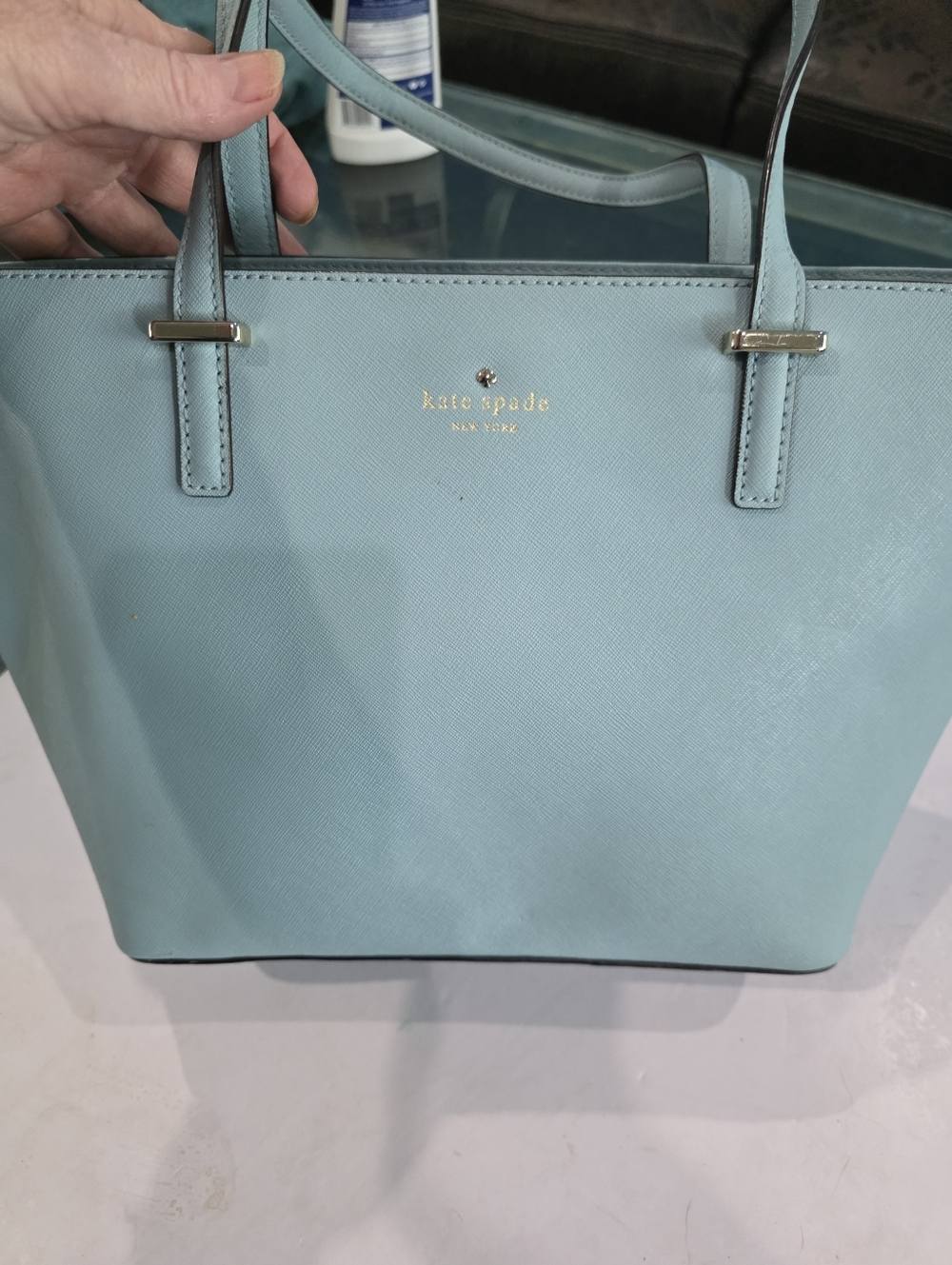 kate spade Light Blue Leather Tote with Gold Logo